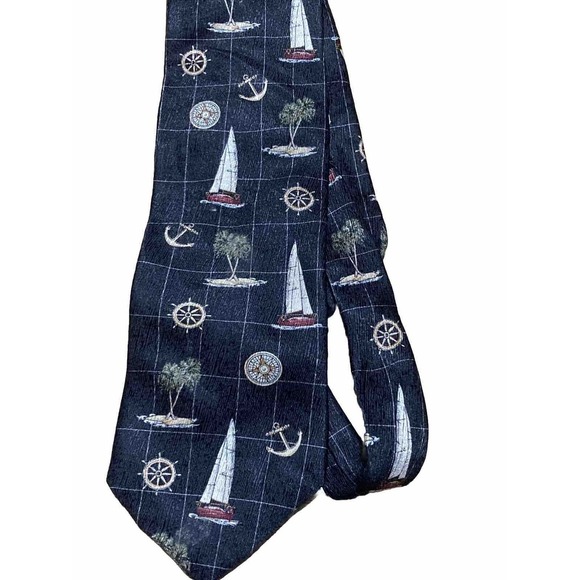 Tropicals By Tango Sail Boat Sailboat Silk Nautical Mens Neck Tie Necktie Black - Picture 1 of 6